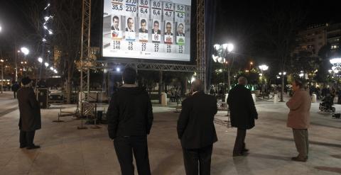 Seguidores del partido conservador Nueva Democracia siguen los datos de las elecciones en la Plaza Syntagma. EFE/EPA/ALEXANDROS VLACHOS