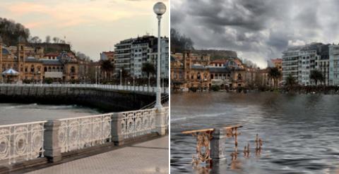 Recreación de Greenpeace sobre los efectos que tendría la subida del mar en San Sebastián.