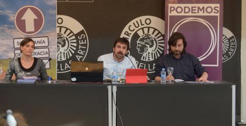 Lola Sánchez, Ramón Espinar y Rafa Mayoral, en el acto sobre el TTIP. PODEMOS