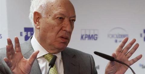 El ministro español de Asuntos Exteriores, José Manuel García-Margallo, durante su intervención esta mañana en el Foro de Líderes que organizan la Agencia EFE y KPMG, en la sede de la Agencia en Madrid, en el que también participó el vicepresidente de Bra