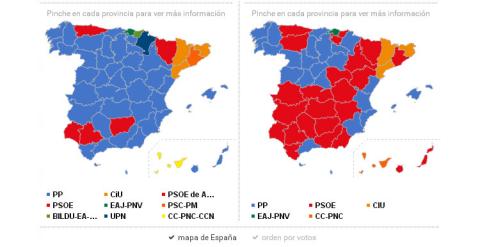 Mapa provincial de España con resultados electorales.