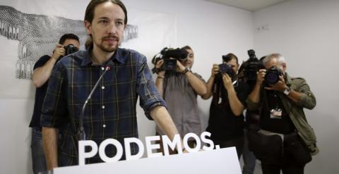 El secretario general de Podemos, Pablo Iglesias, comparece en rueda de prensa para analizar la situación tras las elecciones del 24-M. EFE/Paco Campos