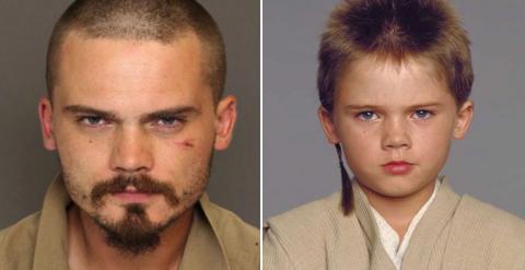 La fotografía de Jake Lloyd detenido (izquierda) y del joven Lloyd caracterizado del pequeño Anakin Skywalker (izquierda).