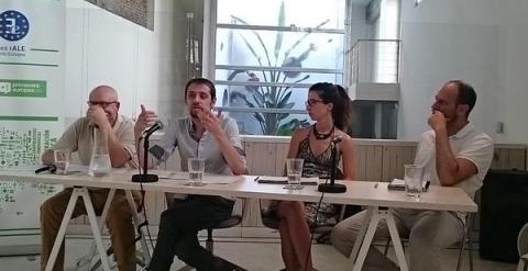De izquierda a derecha, Carlos Martínez, Florent Marcellesi, Sandra Espeja y Pablo Cotarelo, durante un momento de su debate. (Twitter de Equo)
