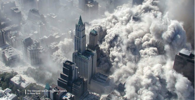 Ataque de las Torres Gemelas. Fotografía publicada por la revista Daviq.