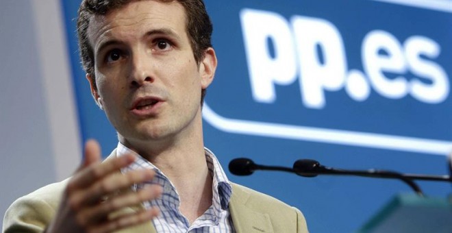 Pablo Casado, en la rueda de prensa que se celebró ayer lunes tras el Comité de Dirección del PP. EFE