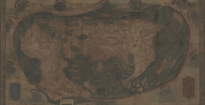 El mapa de Martellus, anterior al descubrimiento de América, antes y después del análisis multiespectral en la Universidad de Yale. YALE UNIVERSITY