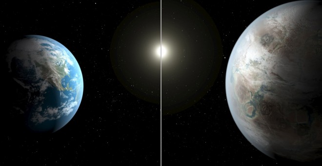 Una ilustración artística compara la Tierra (Izq) con un planeta más allá del sistema solar, llamado Kepler- 452b. El planeta, que es aproximadamente 60% más grande que la Tierra, se encuentra a unos 1.400 años luz de distancia en la constelación de Cygnu