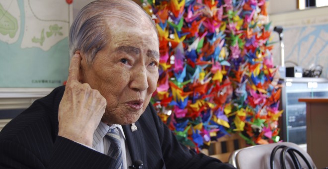 Sunao Tsuboi, de 90 años, presidente de la Asociación de supervivientes de la Bomba Atómica de Hiroshima, conocidos como'hibakusha'. EFE/Ramón Abarca