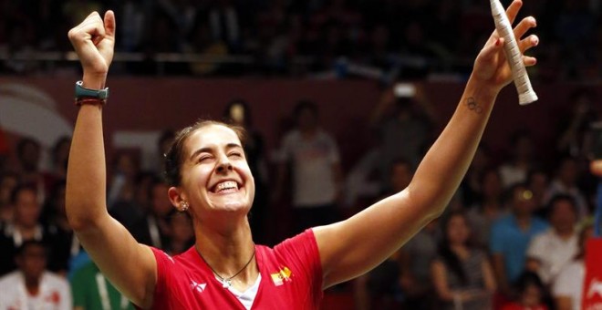 Carolina Marín celebra su triunfo en la final del Mundial de bádminton. - EFE