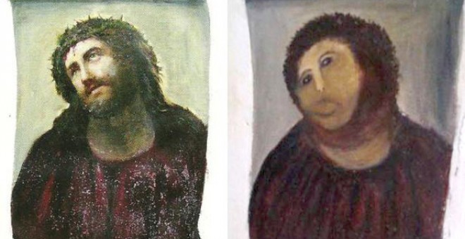 El eccehomo de Borja original (izquierda) y su restauración (derecha)