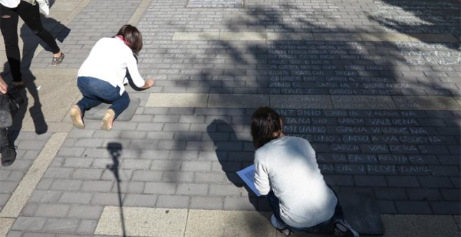 León borra los nombres de miles de prisioneros del campo de San Marcos, escritos en una 'performance' artística. /ARMH