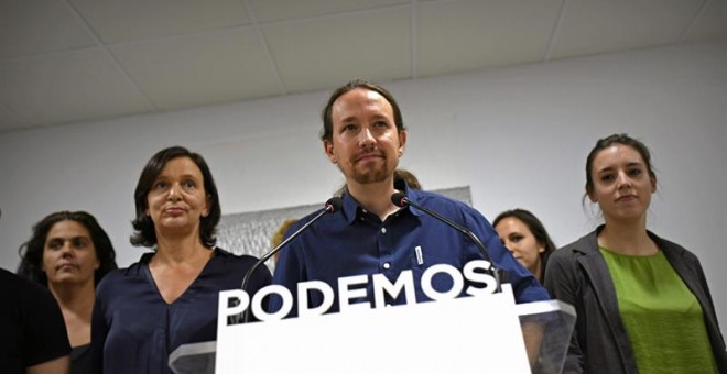 El Secretario General de Podemos, Pablo Iglesias, durante la rueda de prensa que ha ofrecido en la sede de la formación en Madrid, valorando los resultados en las elecciones catalanas./ EFE