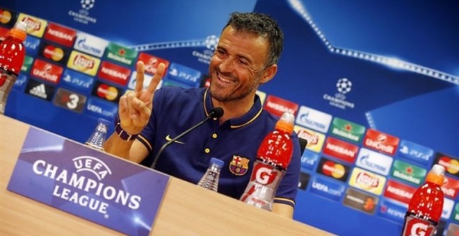 Luis Enrique, en la rueda de prensa previa al partido de Champions contra el Bayer. /FCB