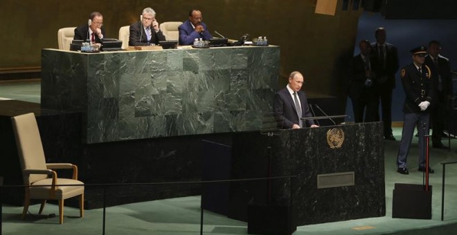 Vladimir Putin,durante su intervención en la Asamblea General de la ONU, en Nueva York. / EFE