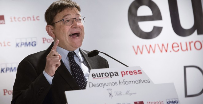 Ximo Puig, durante su conferencia en el desayuno informativo de Europa Press. EFE