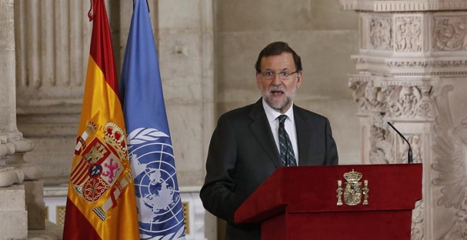 El presidente del Gobierno, Mariano Rajoy, durante su intervención en el acto solemne que se celebra para conmemorar el 70 aniversario de la Carta de las Naciones Unidas y los 60 años transcurridos desde el ingreso de España en la ONU. /EFE