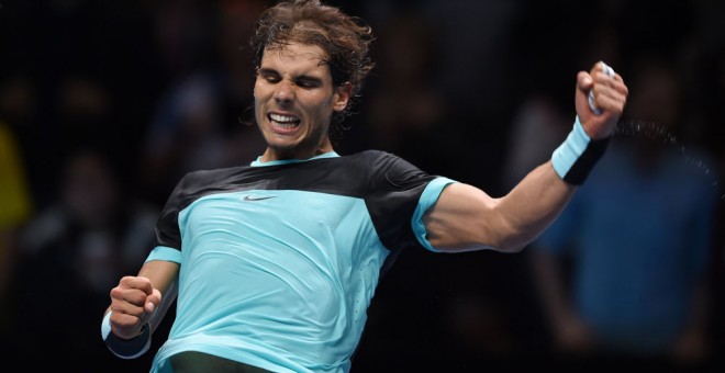 Nadal celebra un punto ante Wawrinka. /REUTERS