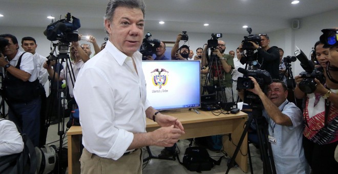El presidente de Colombia, Juan Manuel Santos, en la rueda de prensa en la que ha anunciado el hallazgo del galeón San José en el caribe colombiano. EFE/RICARDO MALDONADO ROZO
