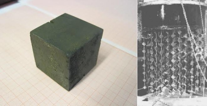 Cubo de uranio analizado e imagen de los utilizados en el último experimento nuclear alemán durante la Segunda Guerra Mundial. JRC