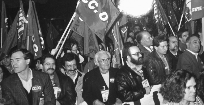 Agustín Moreno, primero por la izquierda, durante la manifestación del 14D