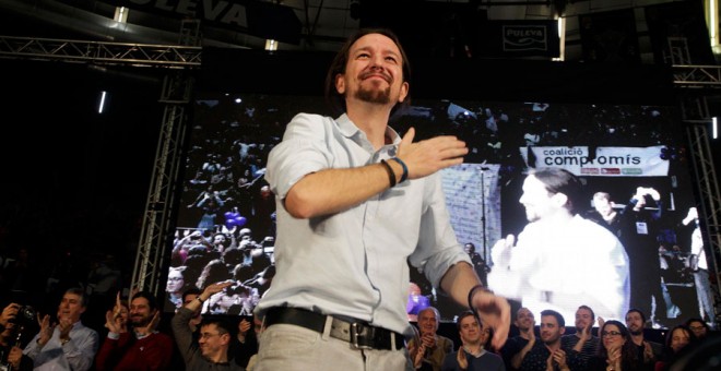 Pablo Iglesias, durante el mitin de cierre de campaña de Podemos en Valencia. REUTERS/Heino Kalis