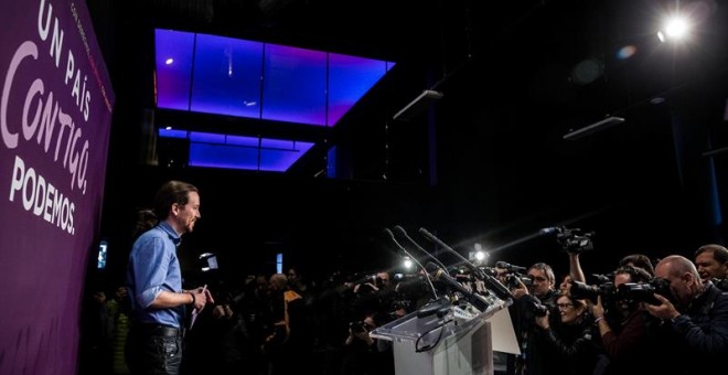 Pablo Iglesias durante la rueda de prensa de este lunes para ofrecer su valoración de los resultados electorales. /EFE