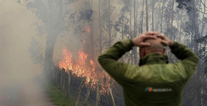 Uno de los incendios forestales en los montes próximos a la localidad cántabra de Viernoles. / PEDRO PUENTE HOYOS (EFE)
