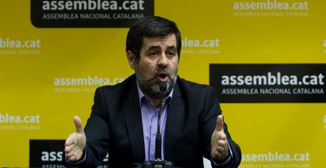 Jordi Sánchez, presidente de la Asamblea Nacional Catalana, en la rueda de prensa. EFE/Quique García