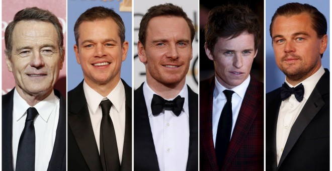 Los actores candidatos a Oscar 2016 como protagonista, de izquierda a derecha: Bryan Cranston, Matt Damon, Michael Fassbender, Eddie Redmayne, y Leonardo DiCaprio. REUTERS