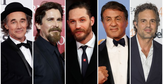 Los actores candidatos a Oscar 2016 como papel secundario, de izquierda a derecha: Mark Rylance, Christian Bale, Tom Hardy, Sylvester Stallone y Mark Ruffalo. REUTERS