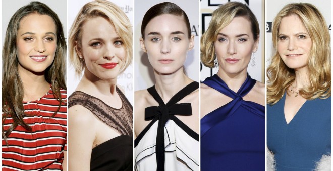 Las actrices candidatas a Oscar 2016 como papel secudario, de izquierda a derecha: Alicia Vikander, Rachel McAdams, Rooney Mara, Kate Winslet, y Jennifer Jason Leigh. REUTERS