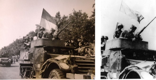 Los soldados de 'La Nueve' desfilan por los Campos Elíseos de París hondeando banderas republicanas, el 26 de agosto de 1944.