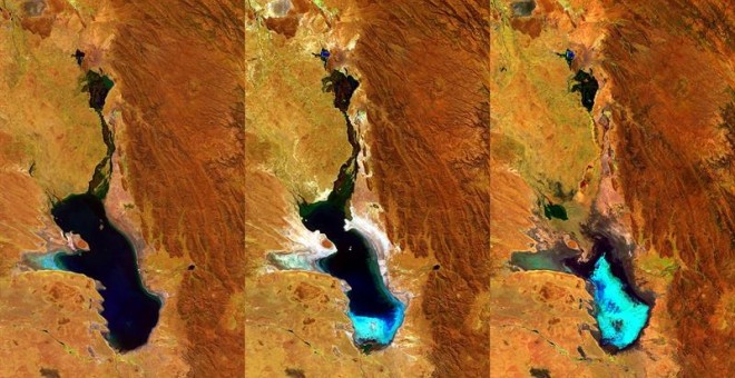 Fotografía facilitada por la Agencia Espacial Europea (ESA), de las imágenes obtenidas por el satélite Proba-V el 27 de abril de 2014, el 20 de julio de 2015 y el 22 de enero de 2016 del lago Poopó de Bolivia./EFE