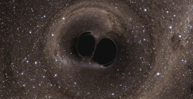 Simulación de la fusión de los dos agujeros negros de los que proceden las ondas detectadas. /LIGO