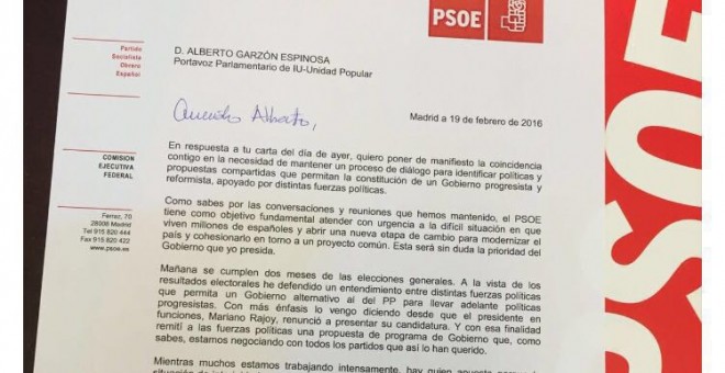 La carta enviada por Pedro Sánchez a Alberto Garzón.