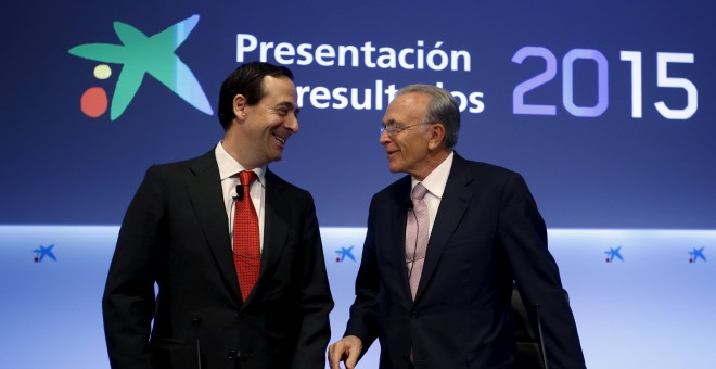 El presidente de CaixaBank, Isidre Fainé, y el consejero delegado, Gonzalo Gortázar, en la presentación de resultados de la entidad. REUTERS