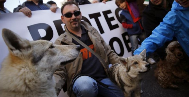 Participantes en la manifestación 'Lobo vivo, lobo protegido' que, organizada por Lobo Marley, PACMA y organizaciones animalistas y ecologistas, se ha desarrollado hoy por Madrid. EFE/Mariscal