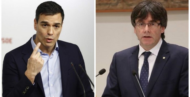 El líder del PSOE, Pedro Sánchez, y el president de la Generalitat, Puigdemont. EUROPA PRESS.