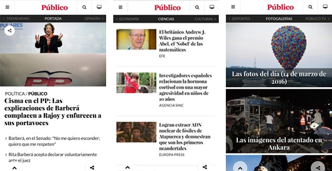 La nueva versión del diario para móviles y tabletas integra la navegación horizontal entre secciones y noticias. /PÚBLICO