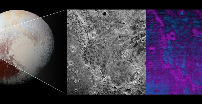 Vastas planicies de hielo de nitrógeno en el polo norte de Plutón. NASA/JHUAPL/SwRI