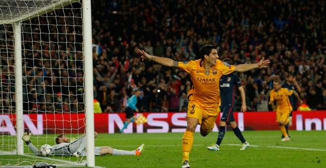 Suárez celebra su segundo gol al Atlético. Reuters / Albert Gea