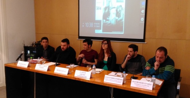 Imagen de la rueda de prensa en el Colegio de Periodistas de Catalunya./ L. S.