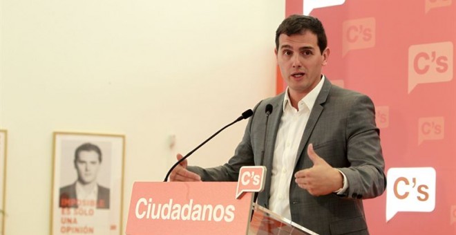 El presidente de Ciudadanos, Albert Rivera, en una rueda de prensa en la sede del partido. E.P.