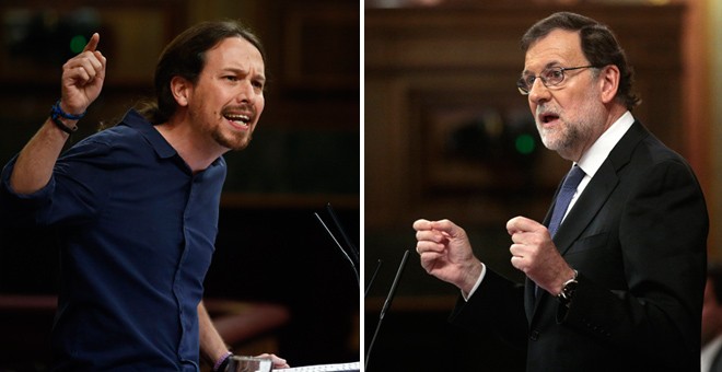 El líder de Podemos, Pablo Iglesias (i) y el presidente del Gobierno en funciones, Mariano Rajoy (d), en la tribuna del Congreso de los Diputados. REUTERS