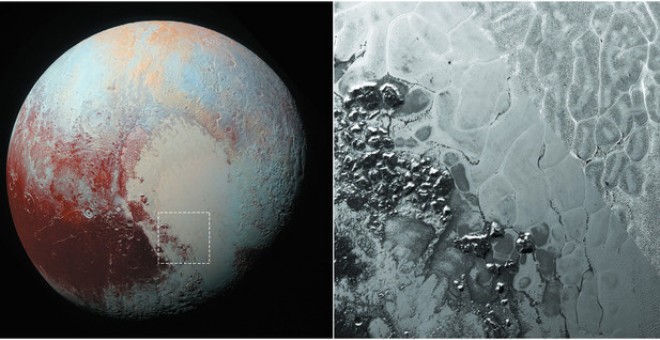 Los procesos de convección en el interior del hielo de Plutón deja marcas en forma de polígonos en la superficie del planeta enano. / NASA/John Hopkings/Physics Lab.