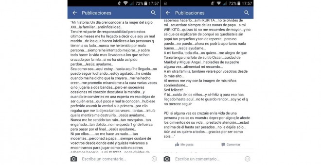 Esta es la carta que el policía de Alcobendas publicó en Facebook antes de suicidarse en un restaurante. /FACEBOOK