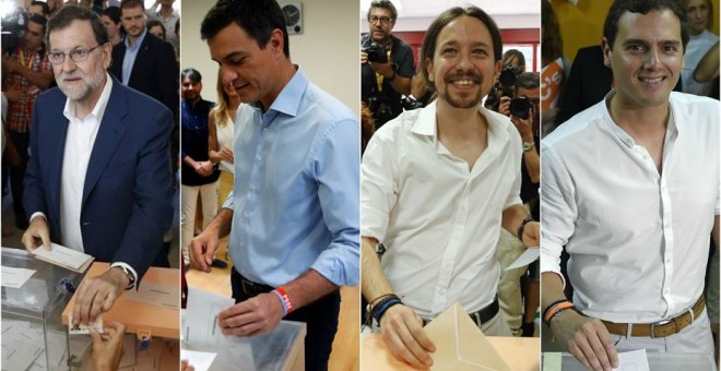 Los candidatos del PP, Mariano Rajoy, del PSOE, Pedro Sánchez, de Unidos Podemos, Pablo Iglesias,  de Ciudadanos, Albert Rivera, en el momento de depositar su voto para las elecciones del 26-J. E.P.