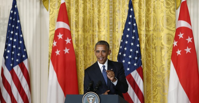 El presidente estadounidense, Barack Obama, durante la conferencia de prensa conjunta con el primer ministro de Singapur, Lee Hsien Loong en la Casa Blanca en Washington. EFE/SHAWN ¡