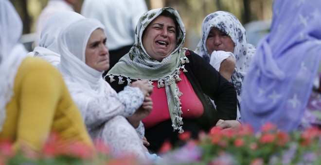 Familiares de las víctimas del atentado suicida contra un salón de bodas en la localidad turca de Gaziantep, muestran su dolor frente al instituto anatómico forense. EFE/EPA/SEDAT SUNA